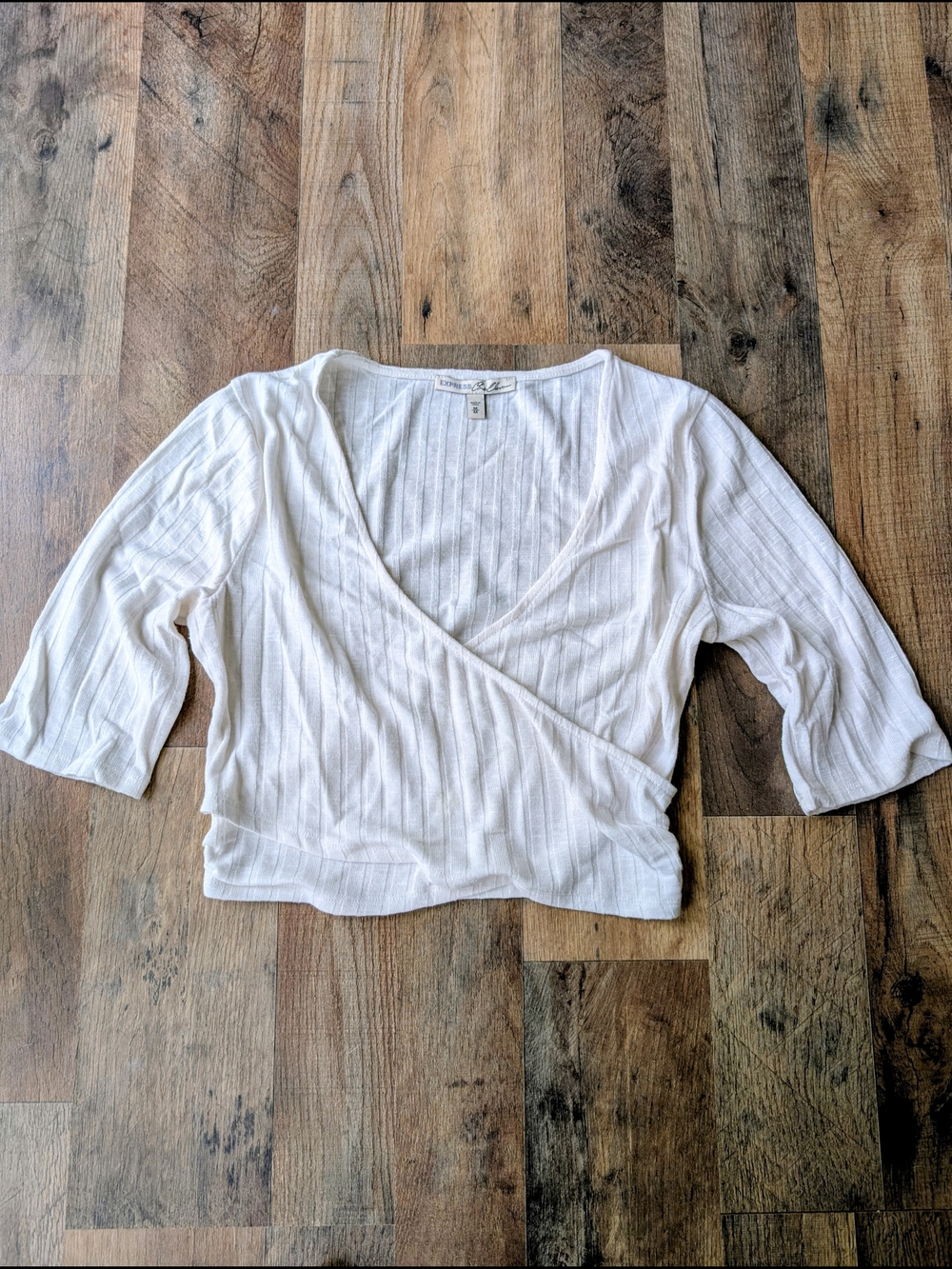 Express Cream Ribbed Wrap-Front Crop Top